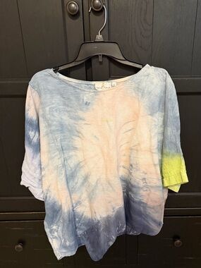 Belle France Pastel Tie-Dye Short Sleeve Tunic - Blue, Pink & Lime Accent